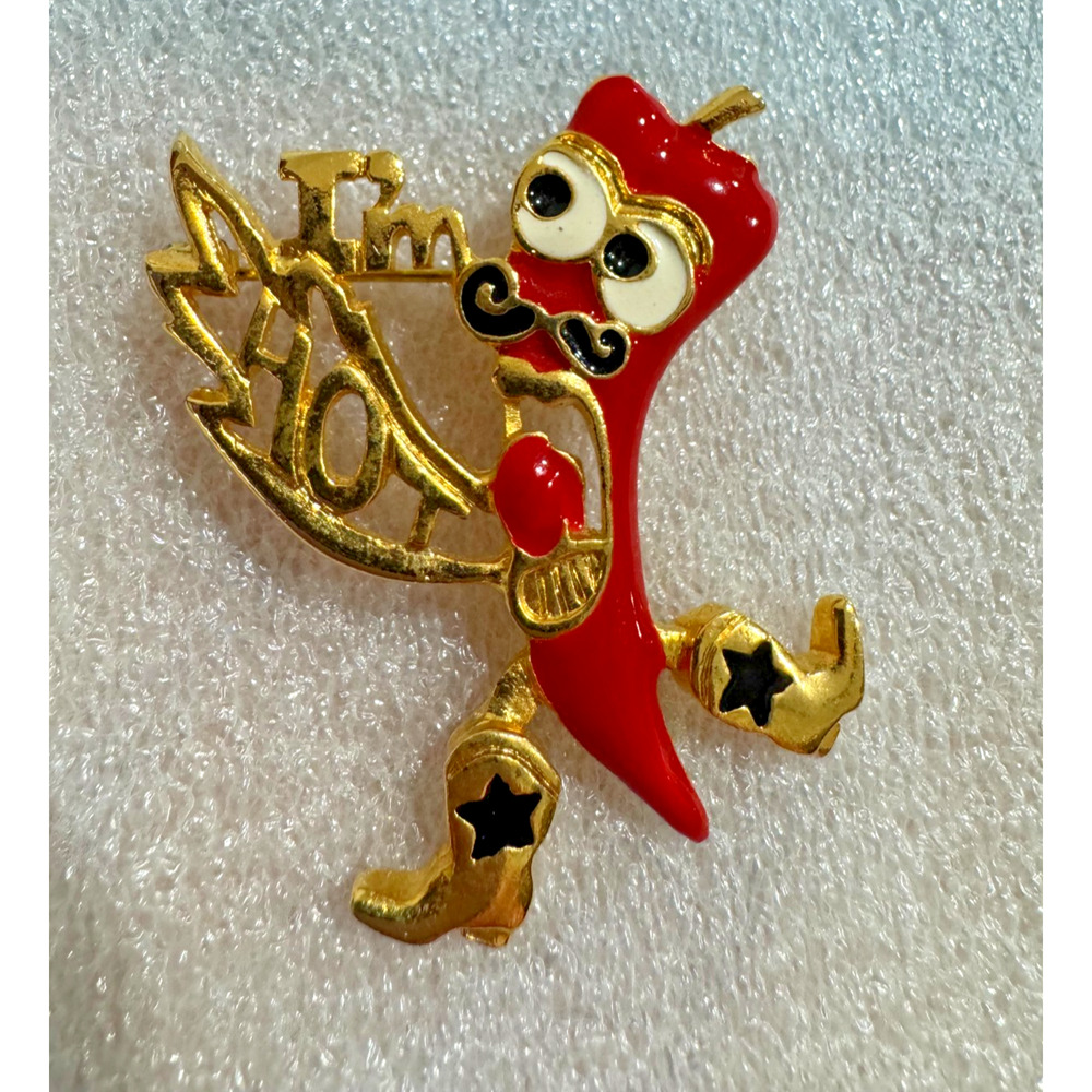 Vtg REN Renata K I'm Hot Chili Pepper Brooch Red Pin Enamel Gold Tone Funny